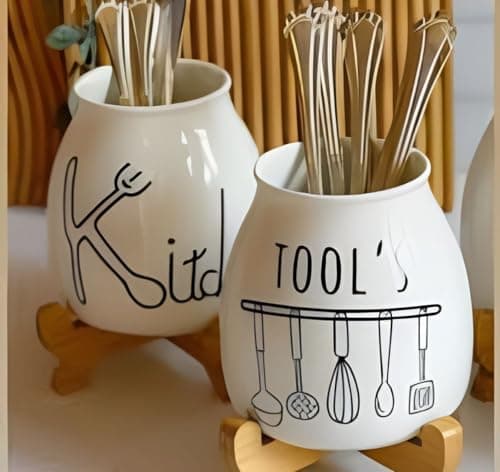 Generic Ceramic Kitchen Utensil Holder with Bamboo Base, White Porcelain Organiser for Serving Spoons and Cutlery, .db