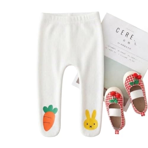 Baby Girls Ribbed Leggings with Carrot & Bunny Patch, White (3-9 months) | Toddler Girls, Elastic Waistband, Cartoon Applique, Soft Knit Fabric, Casual Everyday Wear Pants