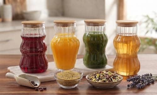 4-Piece Ribbed Glass Jar Set with Airtight Wooden Lids for Kitchen Organization Storage Coffee Spices Tea Pasta Containers 420ml Clear Glass Jars