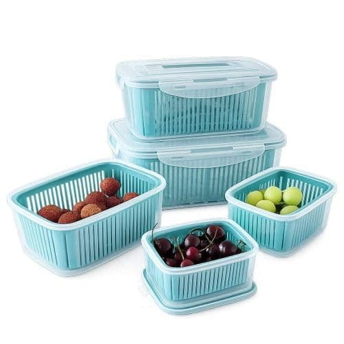 5 Piece Plastic Food Storage Containers Set with Airtight Clip Lids and Strainer Baskets Air Vents Vegetable Fruit Fridge Organizer Box Set Clear