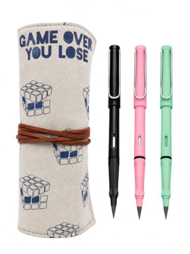 Wrap Pencil Case +3 Forever Pencils, Roll-Up Pencil Pouch, Reusable Canvas Pen Organizer with Elastic Band, Magic Inkless Pencils for School, Office, Drawing & Gift - Beige Carrier bag case