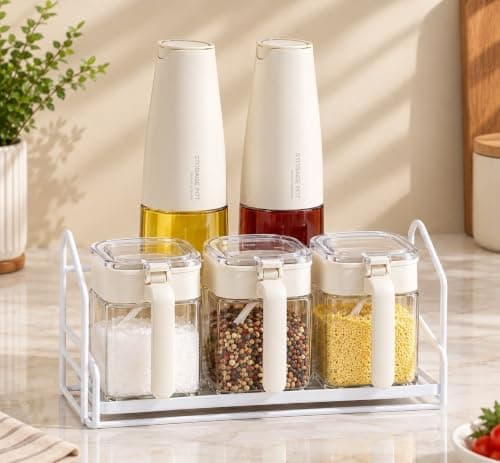 Generic 5-in-1 Spice and Oil Set,Includes 3 glass jars with clear lids,Comes with 2 oil bottles with a sleek and easy-to-use design,Perfect for spices, salt, grains, and more, .ar
