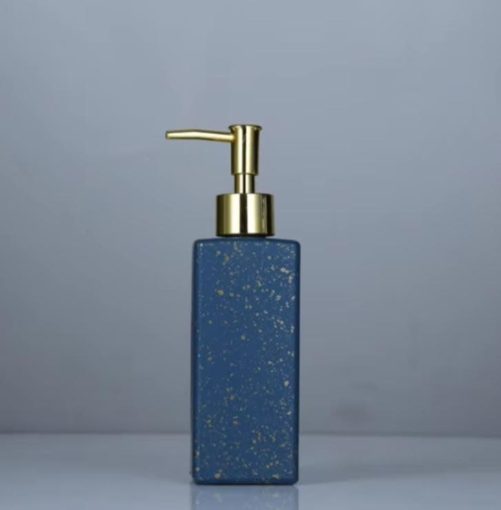 Generic Blue Glass Soap Dispenser with Gold Pump, 350 ml, Square Shower or Shampoo Bottle, .sa