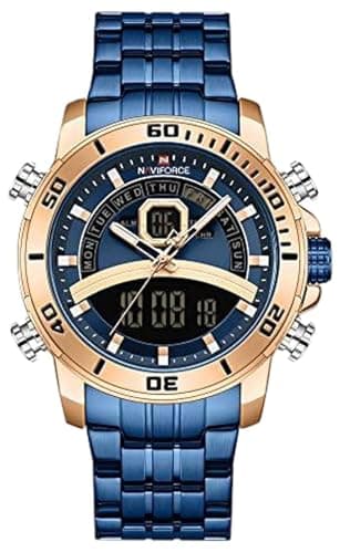 Naviforce Watch for Men, Quartz Movement, Analog Display, Blue Stainless Steel Strap-9181S RG-BE