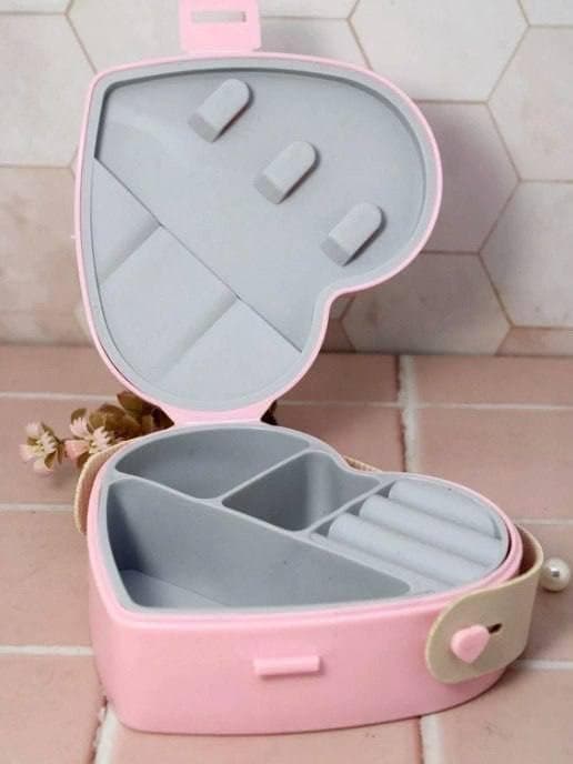Generic Mini Heart Shaped Accessory Organizer with Leather Handle, Pink and Grey, Portable Jewelry Storage Case .A2