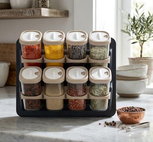 Multi-Color Kitchen Spice Rack with Stand 8 Clear Plastic Jars Top Shaker Holes Space-Saving Organizer for Quick and Neat Spice Storage