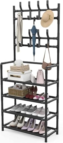 Jalsa 3-in-1 Multi-Functional Coat Rack, Shoe Storage Organizer & Hall Tree Stand – Space-Saving Entryway Furniture with Hanging Hooks, Seating Bench & Storage Shelf for Home, Apartment & Office Use