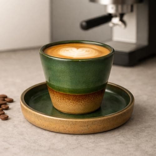 Handmade Clay Cup with Saucer – 75 ml Cup, Artisan Ceramic Coffee Cup for Latte, Macchiato, or Cappuccino – Modern Two-Tone Stoneware Design (Olive Green & Sand Brown)
