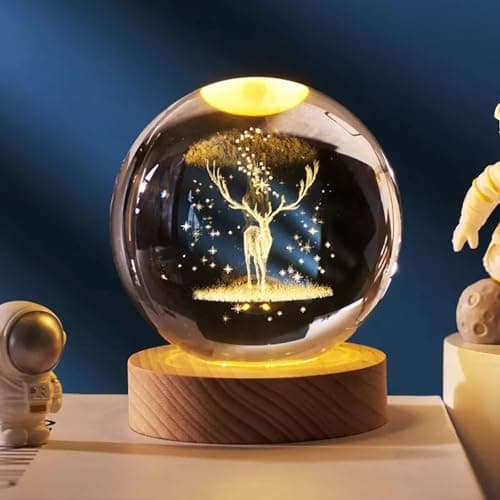 Circle M Galaxy Crystal Deer Lamp, 3D Engraved Glass Ball with LED Light Base, Energy Efficient Night Light for Bedroom/Office Decor