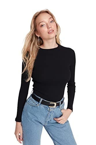 Trendyol Womens Stretchy Ribbed Black Knitted Bodysuit - Stand Collar, Fitted Body Twoaw20Bd0011 Bodysuit (pack of 1) Shirt
