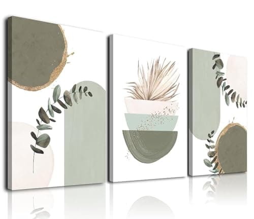KBKBART Sage Green Boho Wall Art, Modern Nordic Green Wall Decor, Minimalist Watercolor Leaf Framed Canvas Print Paintings, Abstract Sage Green Boho Room Decor for Living Room Bedroom Bathroom Office