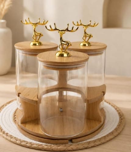 Generic Glass canister set for spices or dry goods, 3-piece set with rotating bamboo lids, 1050 ml, Imported product, .em Food storage container