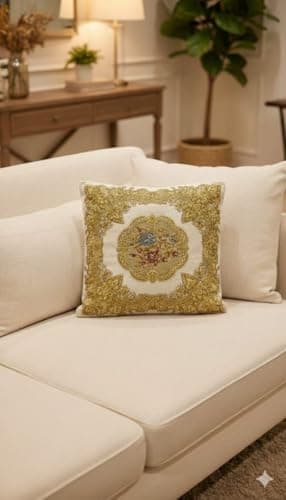 Generic Gobelin Cushion Cover, White, Floral Medallion Embroidered Design, Vintage Style, 45x45 cm, .sI