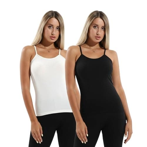 Cottonil Women's Cotton Cami Tank Top, 2 Pack, Black and White, Spaghetti Strap, Fitted Style Shirt