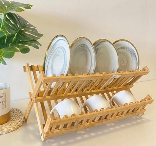 Generic Foldable Wooden Dish Rack, 2-Tier, 45 x 40 x 30 cm, Kitchen Drying Rack for Plates and Cups, .sa