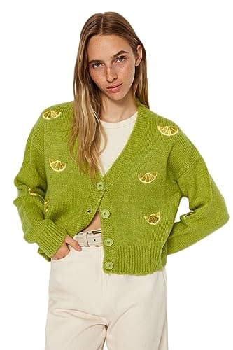 Trendyol Womens Green Soft Textured Embroidery Detailed V-Neck Knitwear Cardigan TWOAW24HI00237 Cardigan (pack of 1) Sweater
