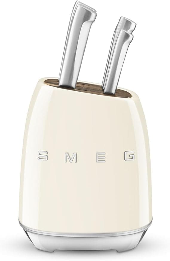 Smeg 50's Style Acacia Wood Knife Block Set with 6 German Steel Knives (Cream)