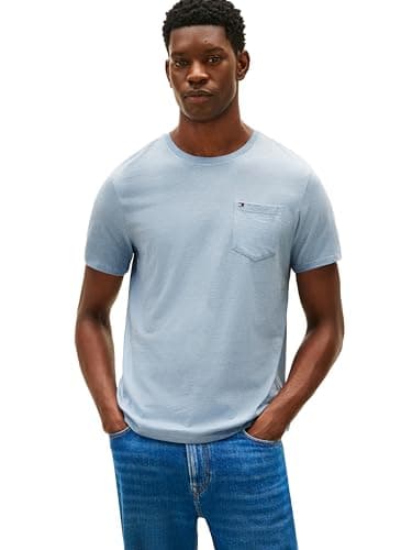 Tommy Hilfiger Men's Short Sleeve Crewneck T Shirt with Pocket, Malaga Blue Hea, L