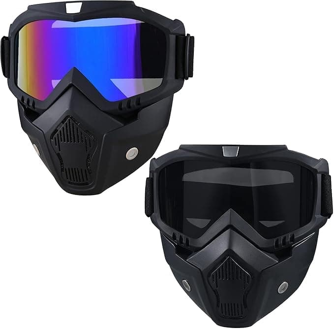 Motorcycle Helmet Goggles with Removable Face Mask Detachable Durable Anti-Fog Heating Mouth Filtration Adjustable Fastener Strap (2pcs Black Lens Color) SA CAR