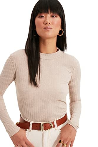 Trendyol Womens Beige Stand Up Collar Corduroy Knitted Blouse Shirt