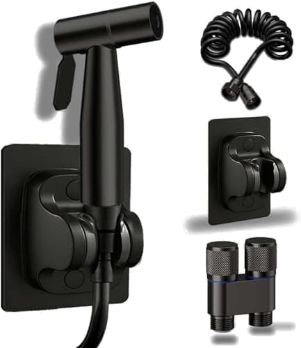 2-in-1 Cold Water Dual Outlet Corner Stop – Bidet with 3M Flexible Shower Hose – Adhesive External Adapter Connector – Rust Proof – Easy Installation Without Drilling for Bathroom & Kitchen (black) Faucet