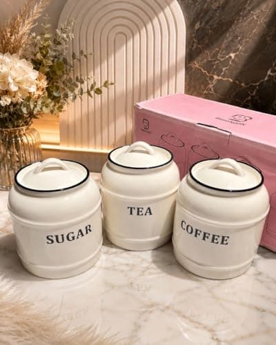 Generic Canister Set, White with Black Trim, for Sugar, Tea, and Coffee Storage, 3 Piece, .Ais Food storage container