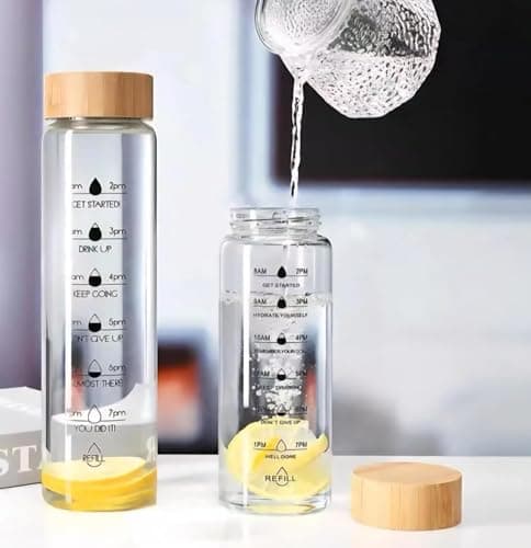 1000ml Water Bottle with Time Markers & Wooden Lid | Daily Hydration Tracker for Fitness, Office & Travel Use