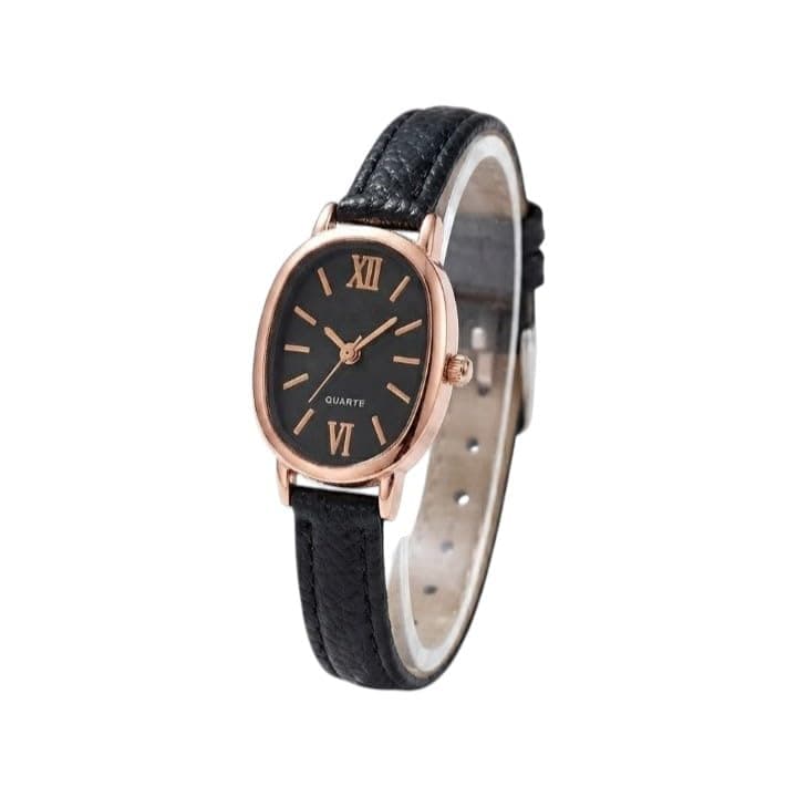 Elegant Women's Watch with Attractive Oval Design, Combining Black Dial with Rose Gold Bezel and Black Leather Strap, Classic and Elegant Look for Various Occasions.
