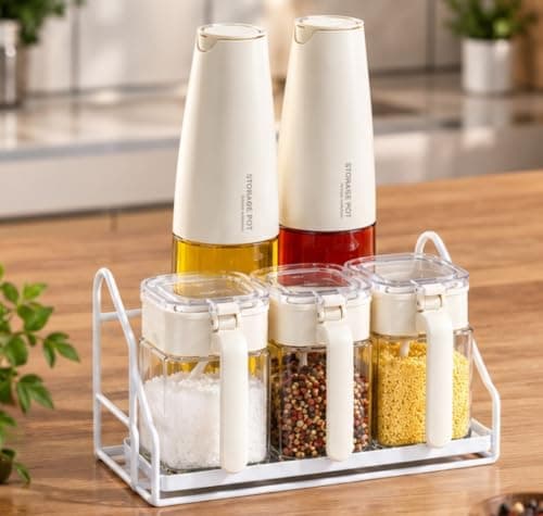 Generic 5-Piece Spice and Oil Dispenser Set, Includes 3 glass jars with transparent lids, Features 2 elegantly designed, easy-to-use oil dispensers, .ar
