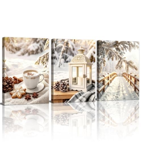 3 Pcs Snow Covered Wooden Bridge Winter Wonderland Canvas Wall Art 12"x16" | White Lantern Warm Coffee Gingerbread Cookies Scene Prints Rustic Farmhouse Christmas Decor for Living Room Bedroom