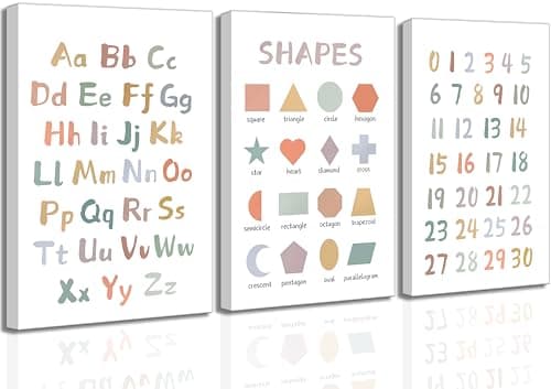 3Pcs Kids Playroom Wall Art Decor Toddler Room Decor ABC Nursery Artwall Shapes Canvas Wall Art 123 Poster Print Decoration for Classroom Toddler Kids Nursery Bedroom