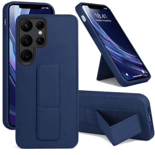 Back Cover Stand Case FOR Samsung S23 Ultra Magnetic Car Holder Soft Silicone Horizontal & Vertical Kickstand Cover Wrist Strap Full protection Anti Fingerprint Case (Blue) Cellular phone case