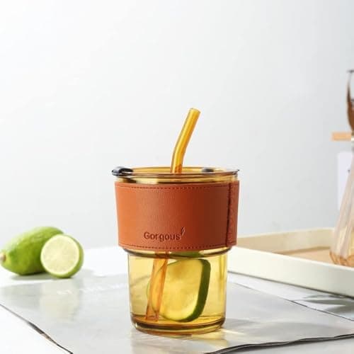 Water glasses with lid and straw, glasses with airtight and waterproof design, anti-scalding glass cup with leather cover, juice cups, drinking glasses, glass coffee cups, cold or warm drink