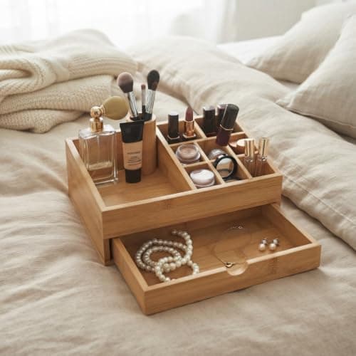 Wooden Makeup Organizer Vanity Storage 8 Slots Large Section and Drawer