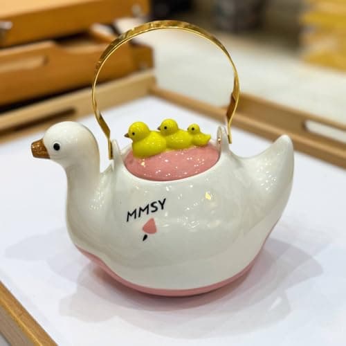 Generic Duck-Shaped Ceramic Teapot with Baby Ducks, 2 Litres, White and Pink. ka