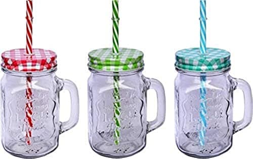 Kri N Sha Kids Glass Frosty Mason Jar with Handle with Strew and Lid for Beverage, Soft Drink, Transparent, 450 ml - Pack of 3 Drinking cup