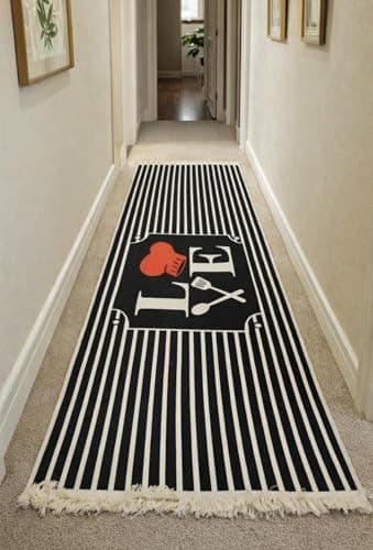 Generic Kitchen Runner Rug, Black and White Striped, Non-Slip, with Fringe, Love Chef Theme, 120 x 180 cm, .sr