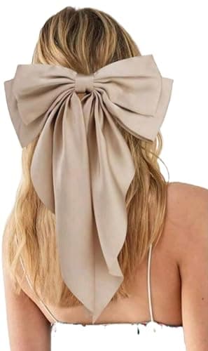 1 Piece Big Bow Hair Clips Long Tail Hair Clips Soft Silk Satin Long Tail Hairpins Metal French Bow Hair Pins Party Accessories for Women Girls (Beige)