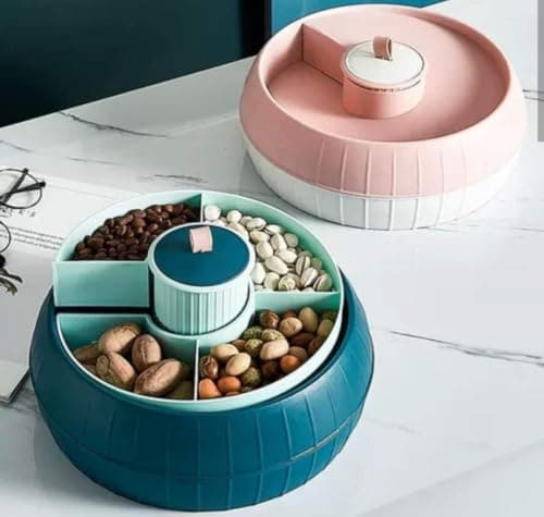 Generic Rotating Spiral Snack Box with 4 Compartments and Centre Cup, Round, for Fruits, Nuts and Desserts, .mek Food storage container