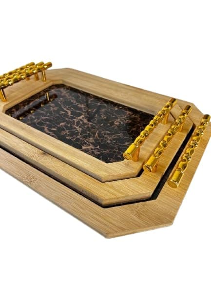 Wooden Serving Tray Set of 3 - Serving Trays with Different Sizes for Drinks and Food - Practical Design for Home and Hospitality Use - Suitable for Daily Serving AM