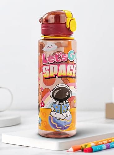 Portable Drink Bottle (school bottle) with Strap Anti-Fall With Straw Used In Outdoor Activities and school, Healthy Outdoor Cute Cartoon Baby PP Plastic BPA Free (Space, Pink)