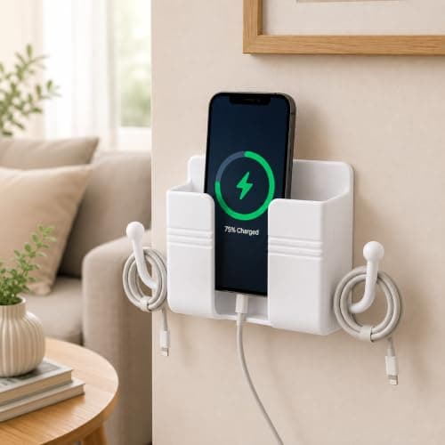 Self Adhesive Phone Holder Storage Box with Hooks Charging Stand Plastic Organizer for Bedroom Kitchen Bathroom Office Remote Control Space Saving Wall Mounted Bracket Home Organization (White)