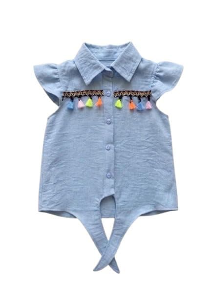 Billion Girls Casual Short-Sleeve Button-Up Shirt With Tassel Trim And Front Tie Knot, Summer Top, SG26-671