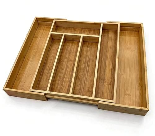 Generic Drawer Organiser, Wooden Cutlery Tray for Kitchen, Retractable Utensil Storage with Multiple Compartments, .flo Caddy