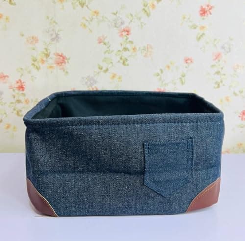 Generic Denim Fabric Rectangular Clothes Organiser Basket, with Leather Corner Accents, 35x25 cm, Height 20 cm, .M