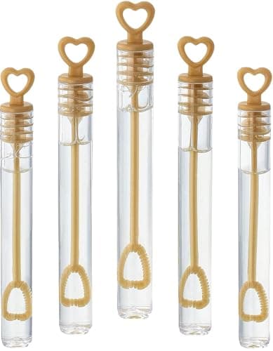 GIFTEXPRESS Bubble Wands Party Favors - 96 Pack Mini 4.25" Tall Gold Color Heart Bubble Sticks - 0.2 Fl Oz / 5 mL Tube of Non Toxic Bubbles Solution for Kids Bubble maker