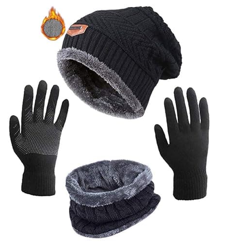 ASYBHYY Hat Scarf Glove Set Winter Warm 3 in 1 Knit Cap Neck Gaiter Non-Slip Touchscreen Gloves Fleece Lining for Men Women Apparel