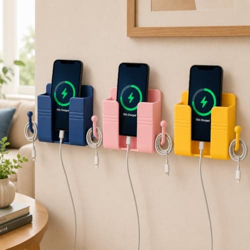 Set of 3 Self Adhesive Phone Holder Storage Box with Hooks Charging Stand Plastic Organizer for Bedroom Kitchen Bathroom Office Remote Control Space Saving Wall Mounted Home Organization Random Colors