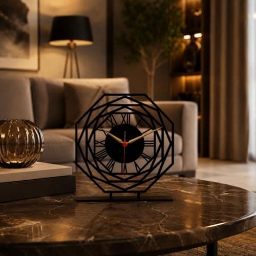 BEDAYA Modern geometric desk clock with stand, white metal frame, hexagonal pattern design, multi-colored (black)
