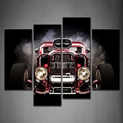 First Wall Art 4 Panel Hot Rod with Smoke Background On Black Painting The Picture Print On Canvas Car Pictures for Home Decor Decoration Gift Piece